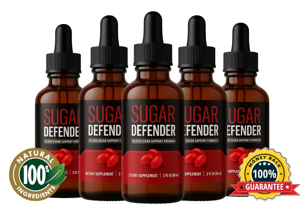 Sugar Defender supplement bottle showing the benefits of the blood sugar support formula